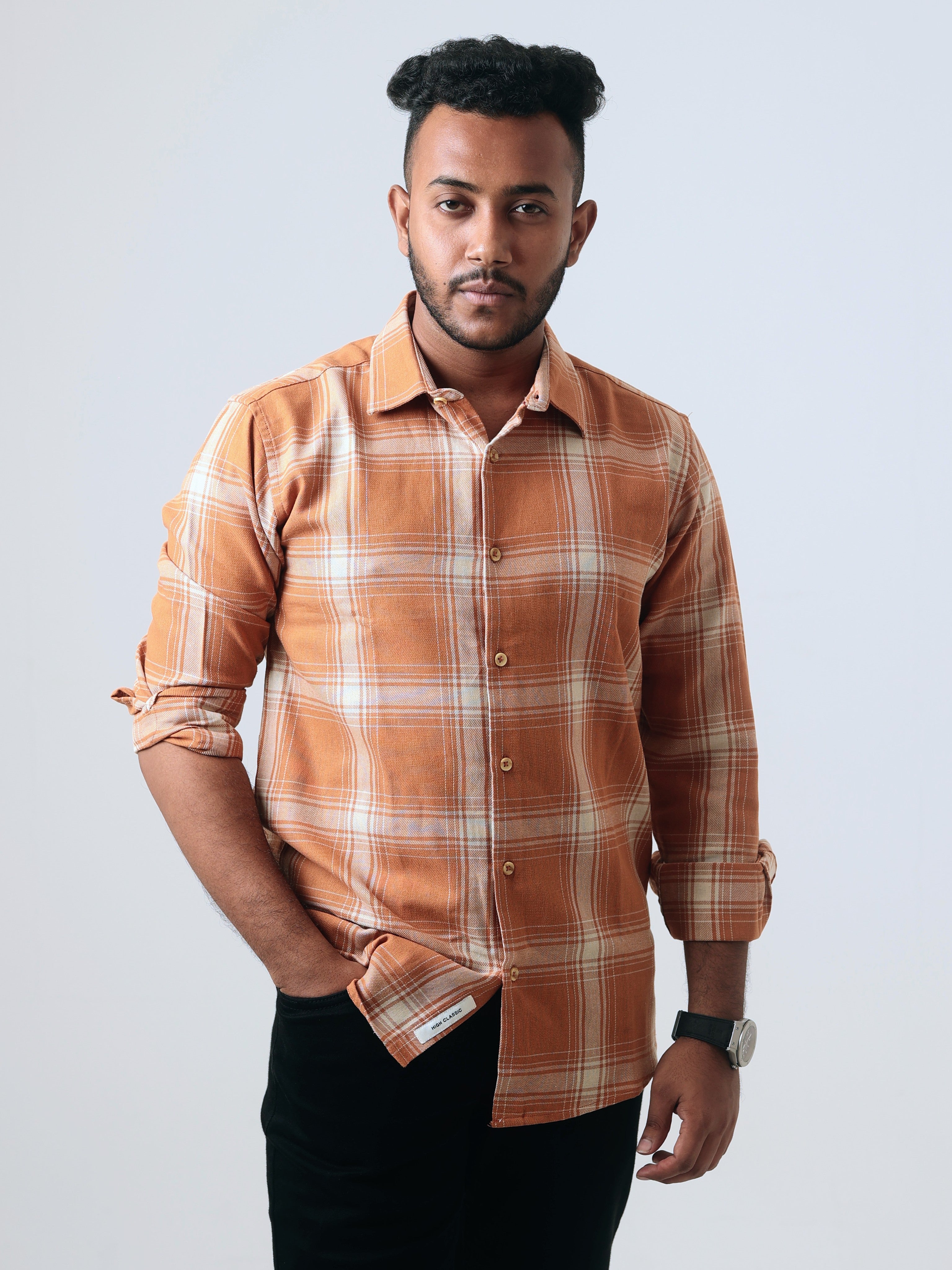 LIGHT COFFEE CHECK COTTON SHIRT