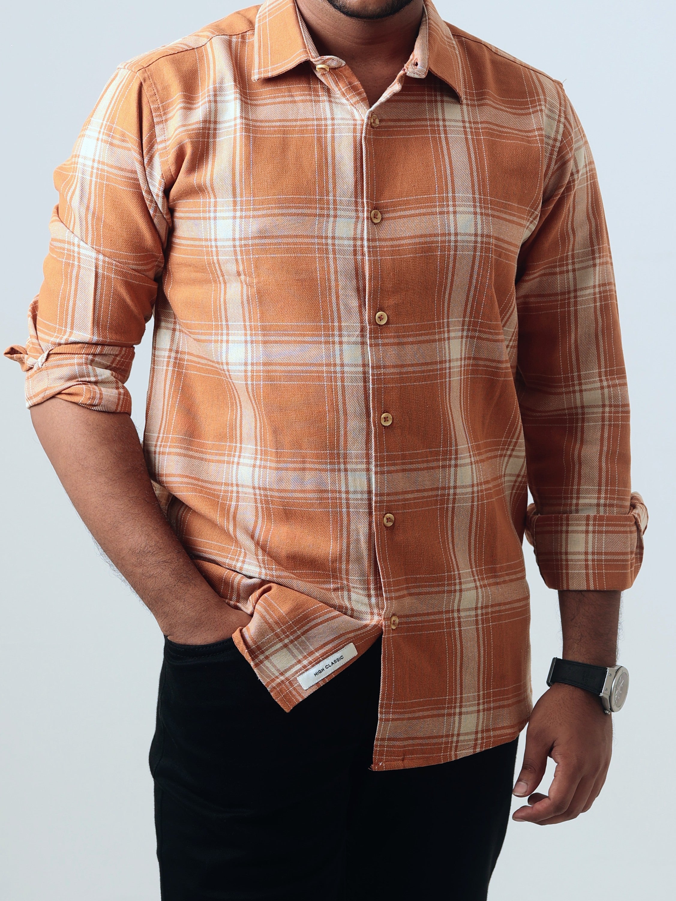 LIGHT COFFEE CHECK COTTON SHIRT