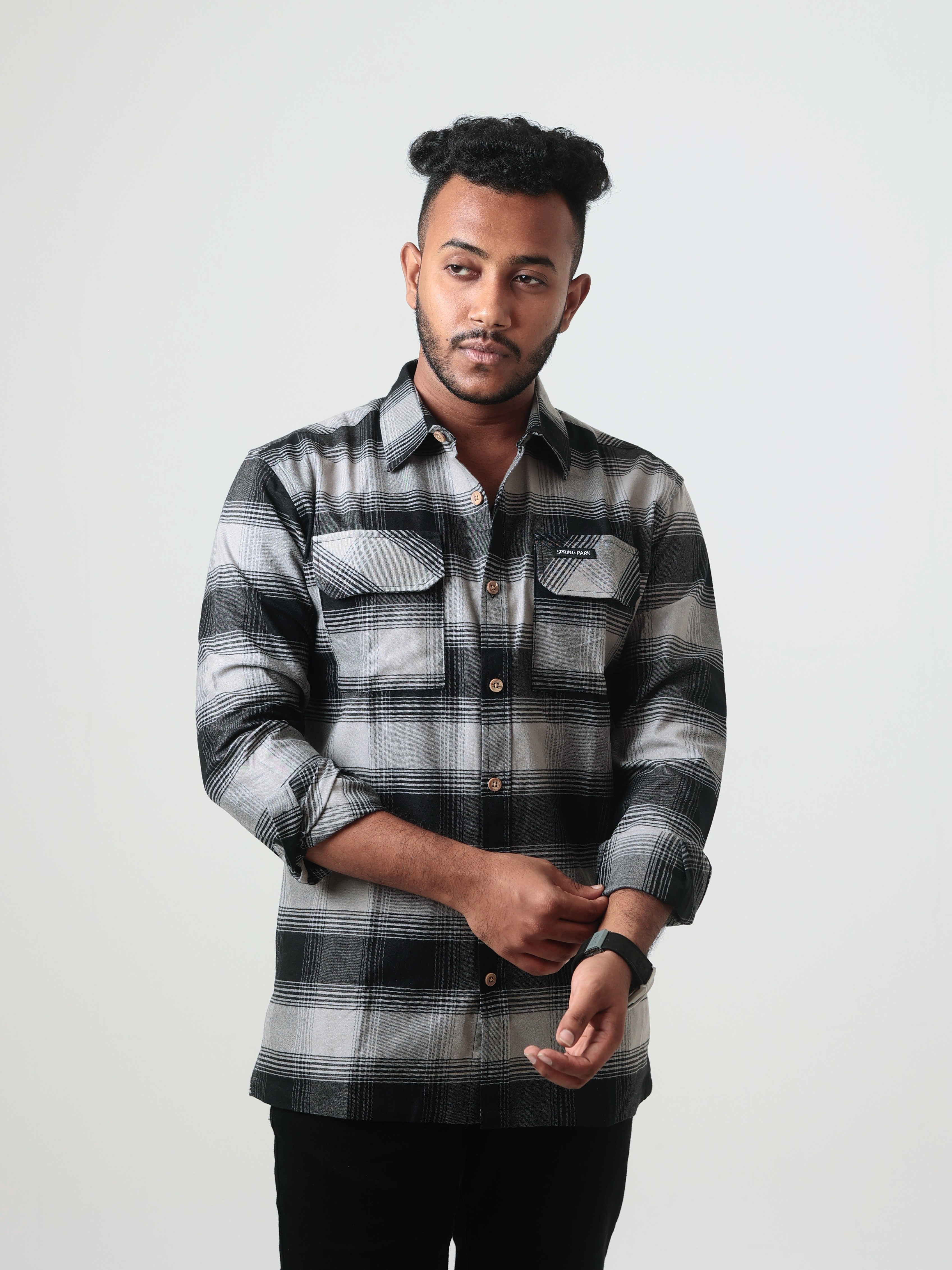 CHARCOL BLACK CHECK FLANNEL COTTON SHIRT