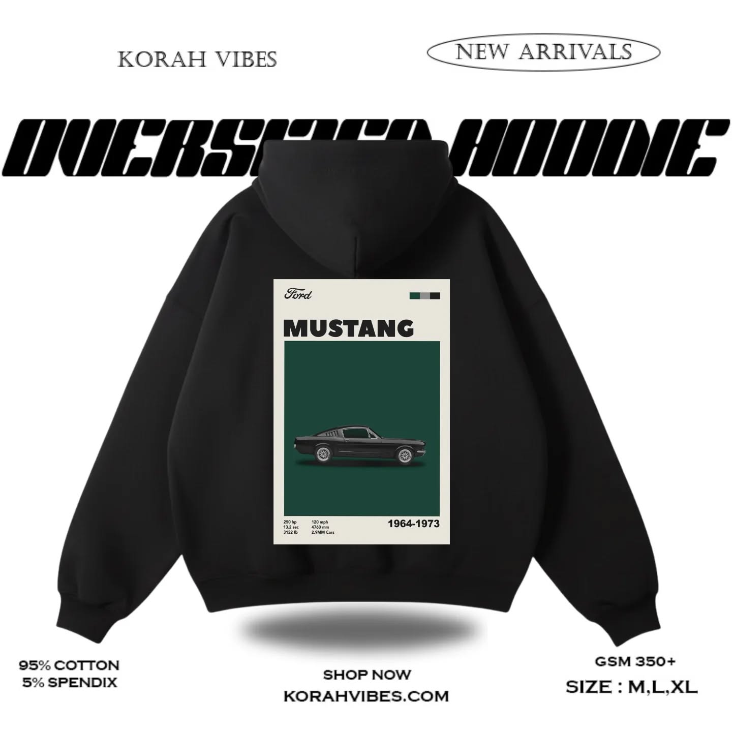 MUSTANG PREMIUM OVERSIZED BLACK  HOODIE
